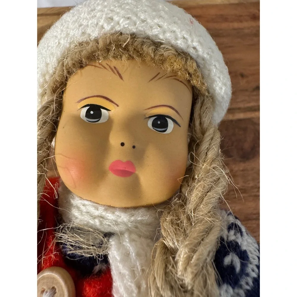 Vtg Bisque Scandinavian Girl Doll Norway Christmas Red Dress Knit Cap Wood Skiis